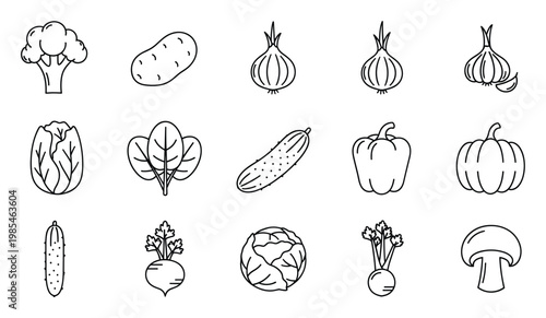 A collection of fresh garden vegetables and healthy food icons presented as simple black and white outline drawings useful for grocery menus, nutrition guides, and kitchen applications.