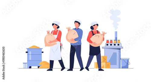 Industrial Workers in Factory with Bulk Materials and Machinery