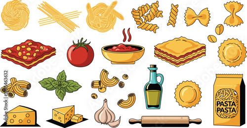 Pasta and Italian Food Vector Set Featuring Spaghetti Ravioli Lasagna Tomato Cheese and Cooking IngredientsPasta and Italian Food Vector Set Featuring Spaghetti