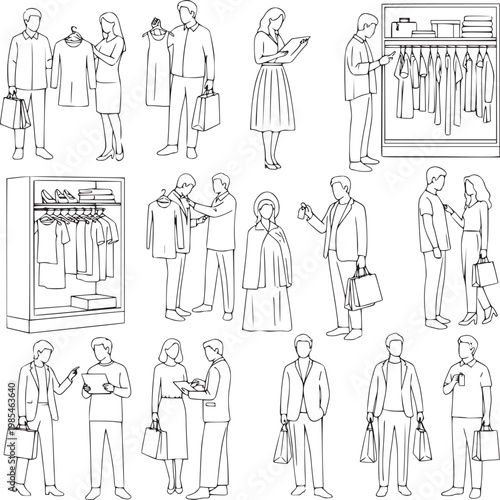 diverse people shopping and trying on clothes in retail store flat vector illustration