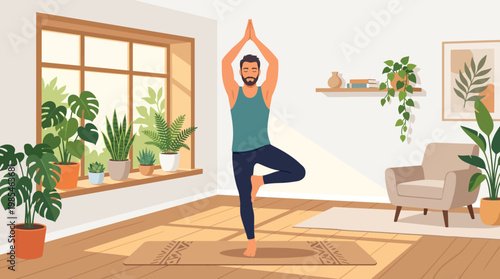 Yoga Bearded Man Balancing in Tree Pose in Bright Home Living Room Illustration