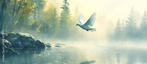 Serene Lake Scene with Flying Swan in Mist.