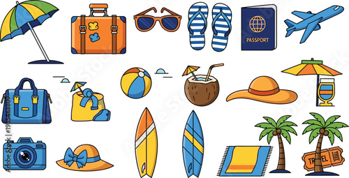 Summer Travel and Beach Vacation Vector Set Featuring Suitcase Passport Airplane Surfboard and Accessories