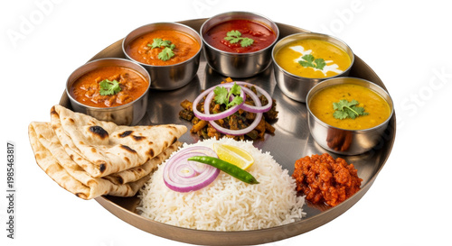 Indian thali meal with rice, naan bread and various curries, isolated on white background