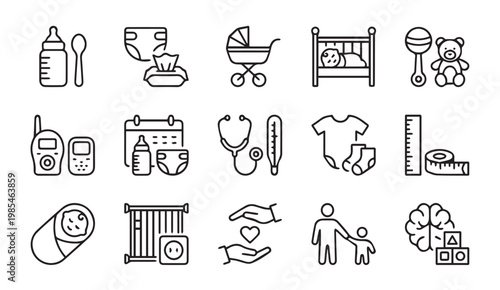 Baby care newborn essentials and child health modern outline icons set