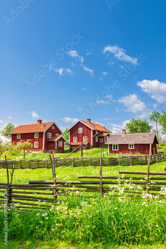Red houses on a hill in an idyllic rural setting on a sunny summer day