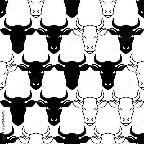 Cow and bull head seamless pattern with mix of black silhouettes and contour outlines. Livestock farming, organic beef butcher, cattle ranch, and dairy horn symbol.