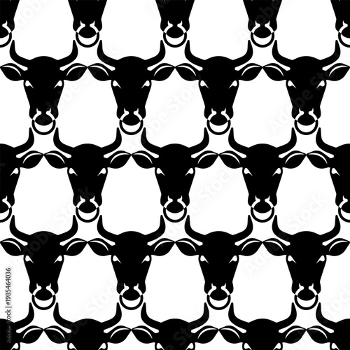 Cow and bull head seamless pattern with nose ring and black animal silhouettes. Livestock farming, organic beef butcher, cattle ranch, and breed horn symbol.