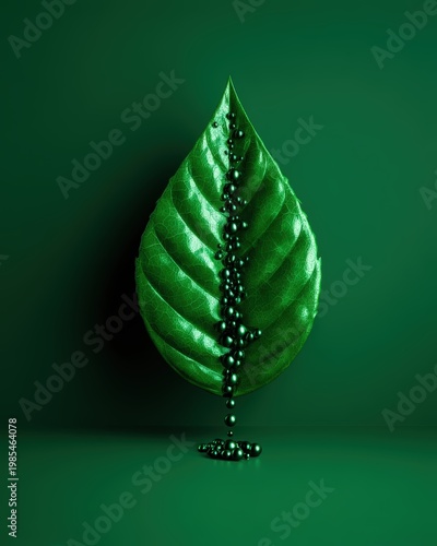 A glossy green leaf with a vertical row of black beads or droplets running down its center, against a matching green background.