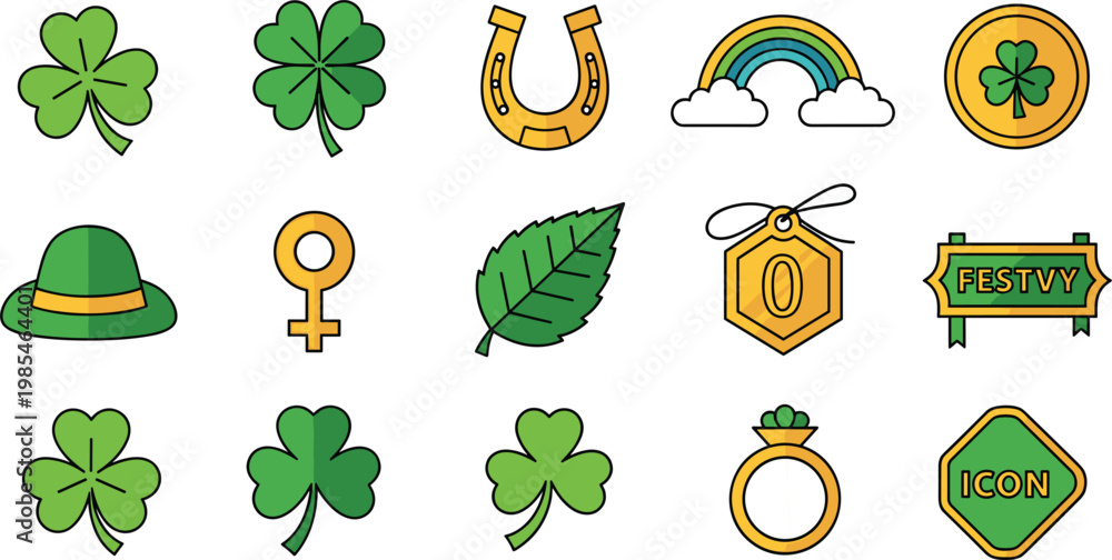 Fototapeta premium St Patricks Day Icons Vector Set Featuring Clover Rainbow Horseshoe Hat Gold Coin and Lucky Symbols