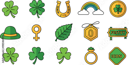 St Patricks Day Icons Vector Set Featuring Clover Rainbow Horseshoe Hat Gold Coin and Lucky Symbols