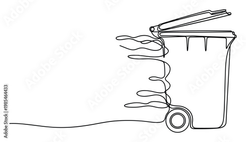 Continuous line drawing of a waste bin with an open lid, symbolizing recycling and environmental care, perfect for sustainability campaigns and ecological promotions.