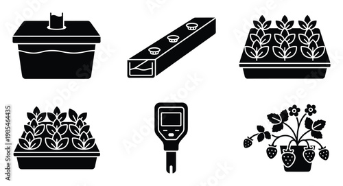 Essential hydroponic and indoor gardening glyph icons, featuring nutrient film technique, selfwatering planters, plant growth trays, pH testers, and strawberry cultivation processes.