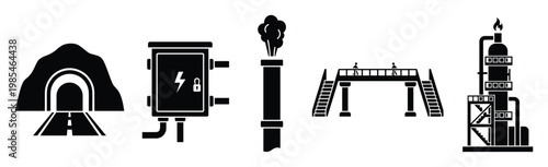 A collection of industrial and infrastructure icons representing transportation tunnels, electrical control boxes, factory smokestacks, pedestrian overpasses, and oil refinery plants for