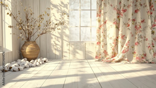 Serene Room with Floral Curtains and Vase.
