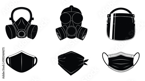Collection of personal protective equipment including respirators, gas masks, face shields, and various masks for health, safety, and respiratory protection applications