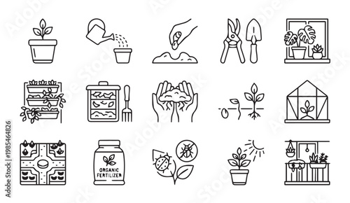 Gardening and plant care line icon set for urban farming with gardening
