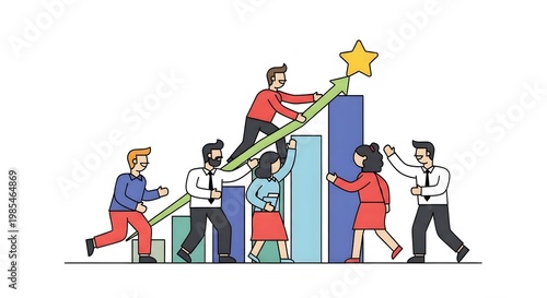Teamwork and collaboration driving business growth and success towards a golden star goal.