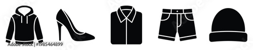 Collection of clothing and apparel icons featuring a hoodie, high heel shoe, collared shirt, shorts, and a beanie, perfect for online stores, catalogs, and digital garment displays