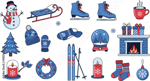 Winter Christmas Holiday Vector Set Featuring Snowman Skates Sled Fireplace Tree Gifts and Decorations