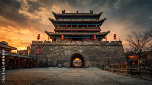 Traditional Chinese gate and wall at dusk