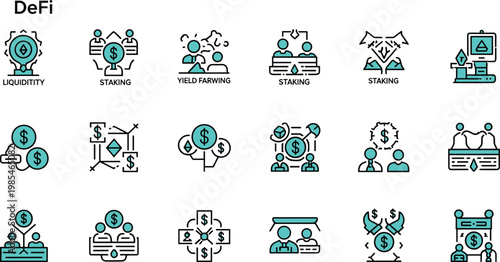 DeFi decentralized finance line icon set featuring liquidity staking yield farming crypto trading and blockchain investment