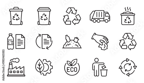 Recycling and waste management sustainability line icon set with environment