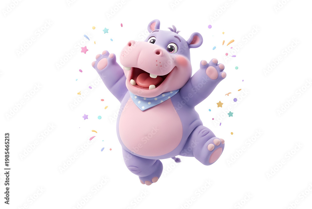 Naklejka premium Cute Purple Hippo Character Jumping with Confetti on Transparent Background