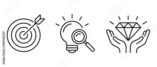 Sequence of target, illuminated idea, and hands holding a diamond symbolizing strategy and innovation, business growth concept, creative problem solving and value creation illustration for corporate 
