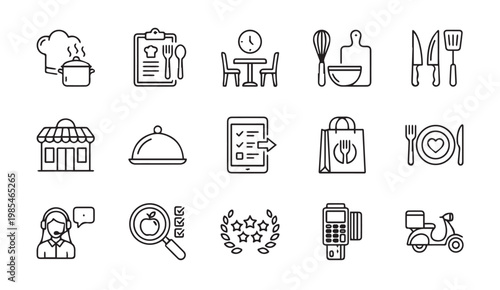 Restaurant service and online food delivery line icon set with restaurant