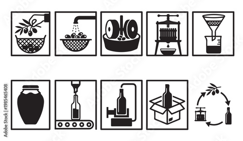 Olive oil production process icons set from harvest to bottling steps