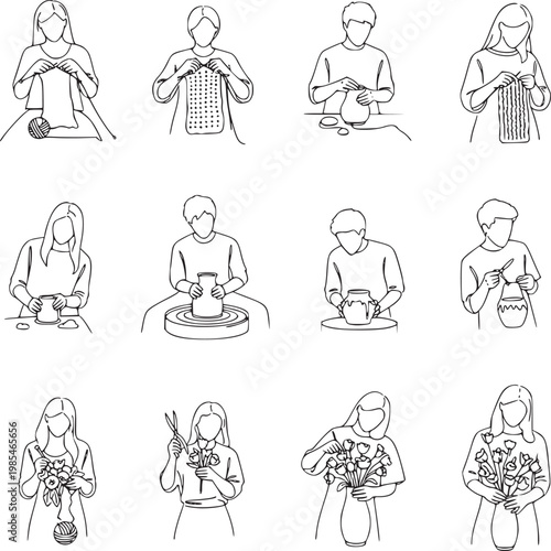 diverse people holding and arranging fresh flowers in minimalist line art illustration