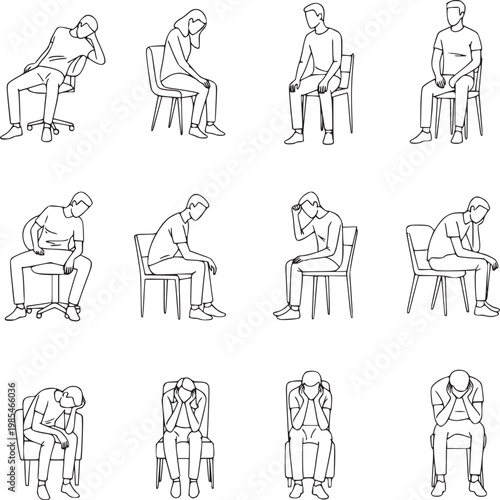 series of male poses showing stress and fatigue in office or waiting room environment