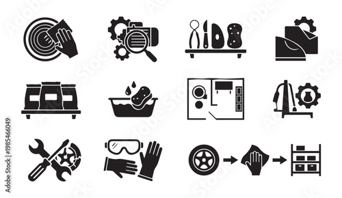 Industrial workshop tools construction maintenance black glyph icons set