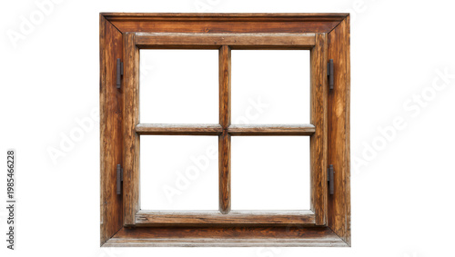 Rustic antique wooden window frame with four panes and hinges