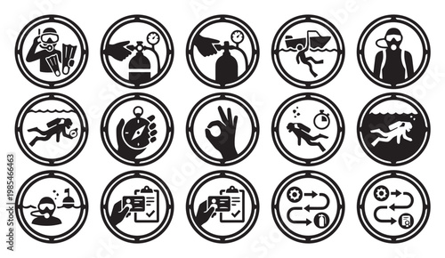 Scuba diving safety procedures and underwater equipment instructional icons