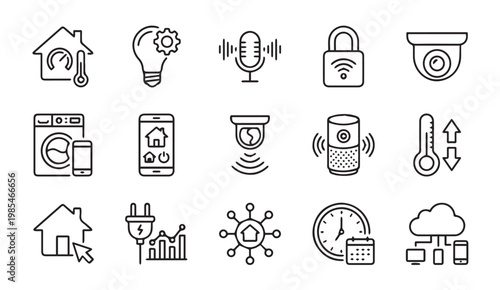Smart home automation and io t security device line icon set with automation