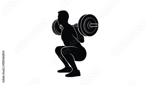 A muscular man is captured mid squat with a barbell across his upper back demonstrating strength and athleticism in silhouette high quality professional detailed