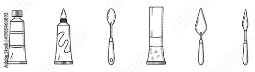 Hand drawn outline drawing of various painting tools and equipment including paint tubes and palette knives suitable for use in creative projects and educational resources