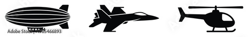 A collection of black silhouette icons depicting various air transportation vehicles including a blimp, a modern jet fighter plane, and a helicopter, ideal for aviation themed projects,