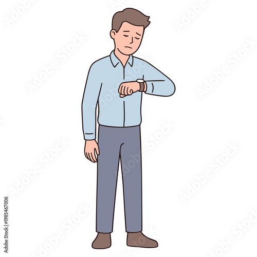 A man checks his watch while standing still.