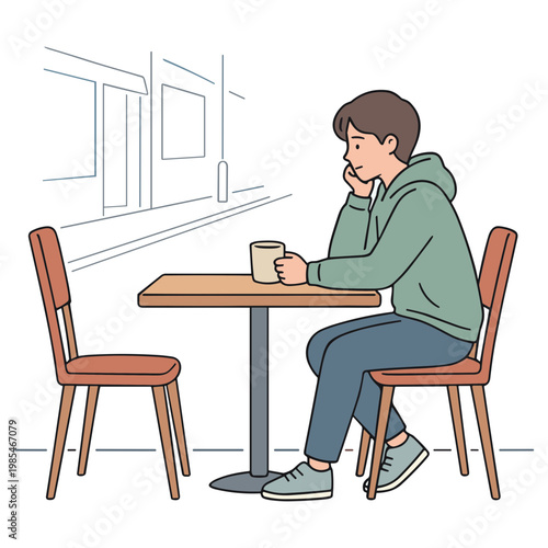 Man sits alone at table with coffee looking thoughtful indoors