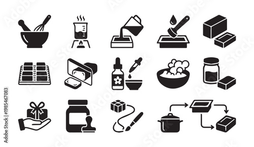 Handmade soap making process and natural cosmetic production icon set