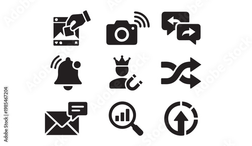 Social media marketing and digital communication black icon collection