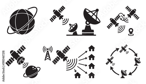 Global satellite communication and telecommunication network icon set