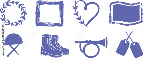 Military Memorial and Veteran Frame Set – Purple Hand-Drawn Doodle Vector Collection on White Background