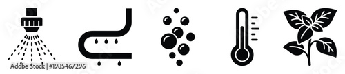 Collection of black icons representing water sprinkler, drip irrigation, bubbles, thermometer, and a plant, useful for environmental, agricultural, and natural process applications.
