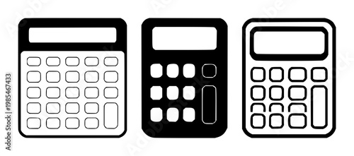 Calculator set with solid black icon against white background featuring calculator, icon, digital device, monochrome with vector graphics and illustration