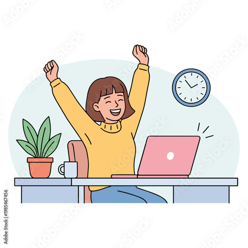 Woman celebrates success at office desk with laptop and clock nearby