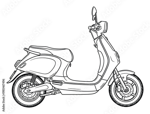Detailed black outline drawing of a modern electric scooter, perfect for vehicle transportation concepts, educational materials, graphic design projects, and coloring book activities.